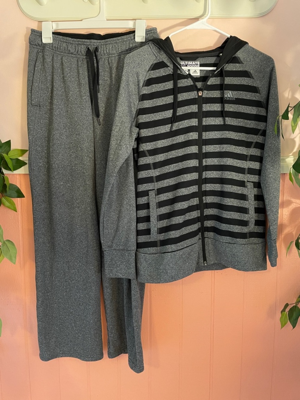 Adidas Gray & Black Striped Zip Hoodie with Matching Gray Sweatpants